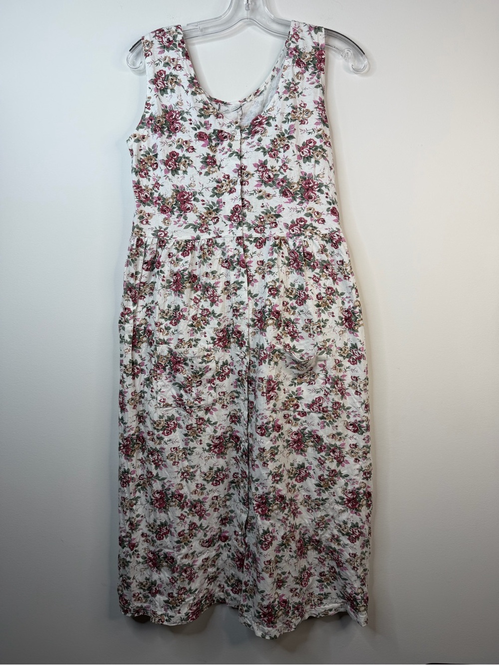 Vintage 90s Cotton Floral Cottagecore Button Front Midi Dress w Pockets medium - Picture 2 of 8